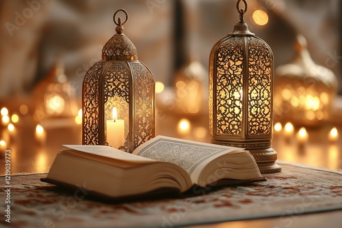 A minimalistic prayer area featuring an open Quran, decorative lanterns, and soft candlelight creating a serene atmosphere photo