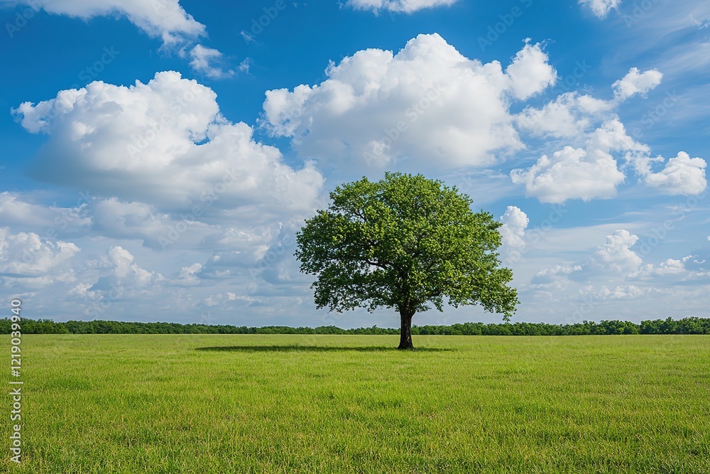 Obraz premium Solitary Tree in a Vast Green Meadow Under a Cloudy Sky
