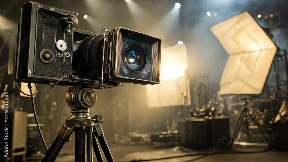 Vintage camera on tripod with bright studio lights in a photography studio during a creative session