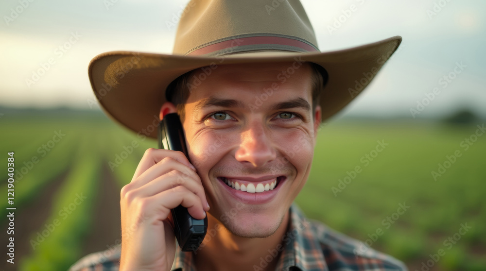 Young male farmer smiling and talking on mobile phone against agricultural field background Young male farmer smiling and talking on mobile phone against agricultural field background