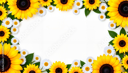 Cheerful sunflower and daisy frame with vibrant colors, bright and welcoming, with copy space
