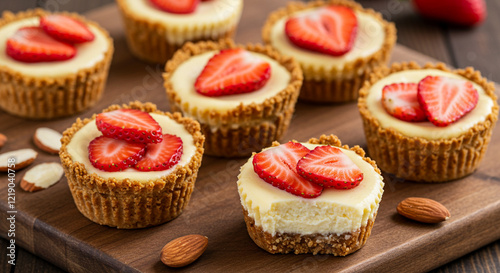 Keto Cheesecake Bites
Mini cheesecakes with almond crusts and a creamy vanilla filling, garnished with strawberries.

 photo