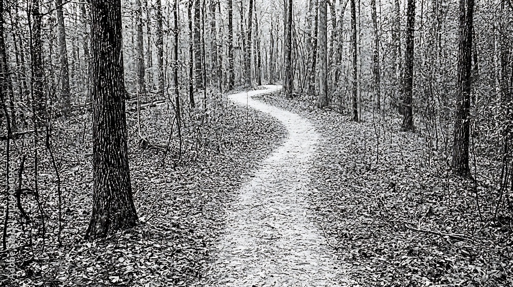 Fototapeta premium Winding forest path, nature trail, trees, leaves, monochrome photography, peaceful scene, travel background