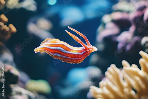 Vibrant orange and white sea slug swimming in coral reef aquarium. photo