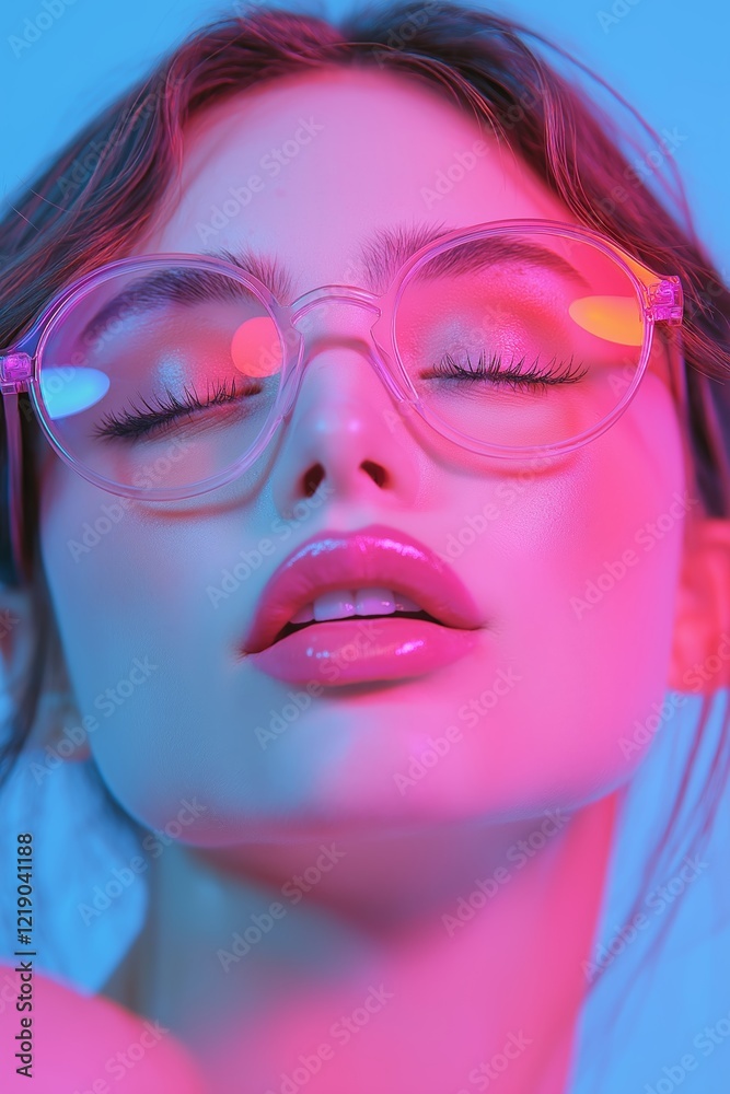 Close-up of a model with closed eyes, wearing round glasses, showcasing vibrant pink and blue lighting effects Close-up of a model with closed eyes, wearing round glasses, showcasing vibrant pink and blue lighting effects