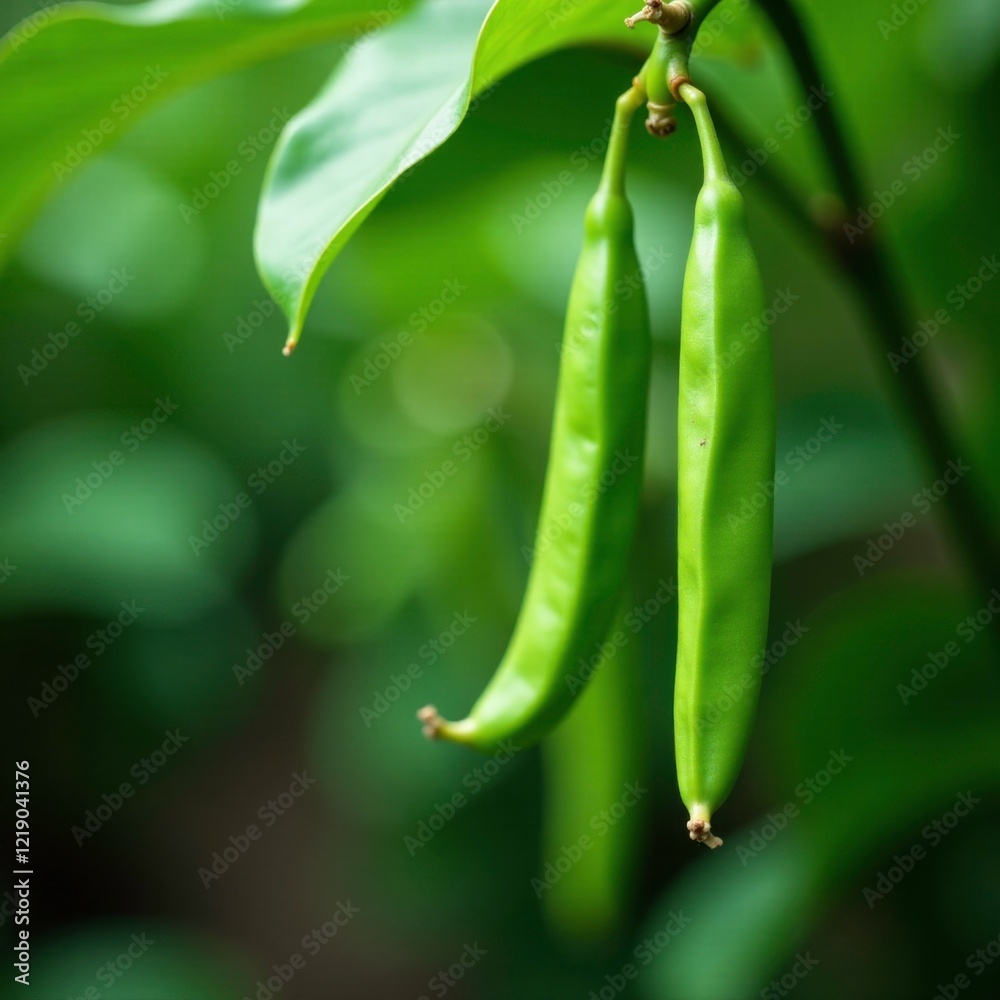 Green vanilla beans hanging from a plantation leaf, vanilla, leaves, orchid Green vanilla beans hanging from a plantation leaf, vanilla, leaves, orchid