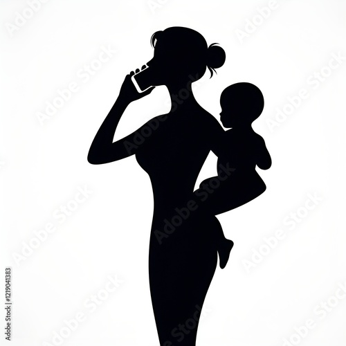 Wallpaper Mural Silhouette of a woman holding a baby while talking on the phone representing multitasking and parenting Torontodigital.ca