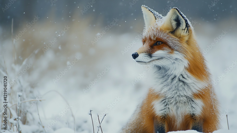 A majestic red fox sits peacefully in a snow-covered landscape, showcasing its vibrant fur and keen expression A majestic red fox sits peacefully in a snow-covered landscape, showcasing its vibrant fur and keen expression