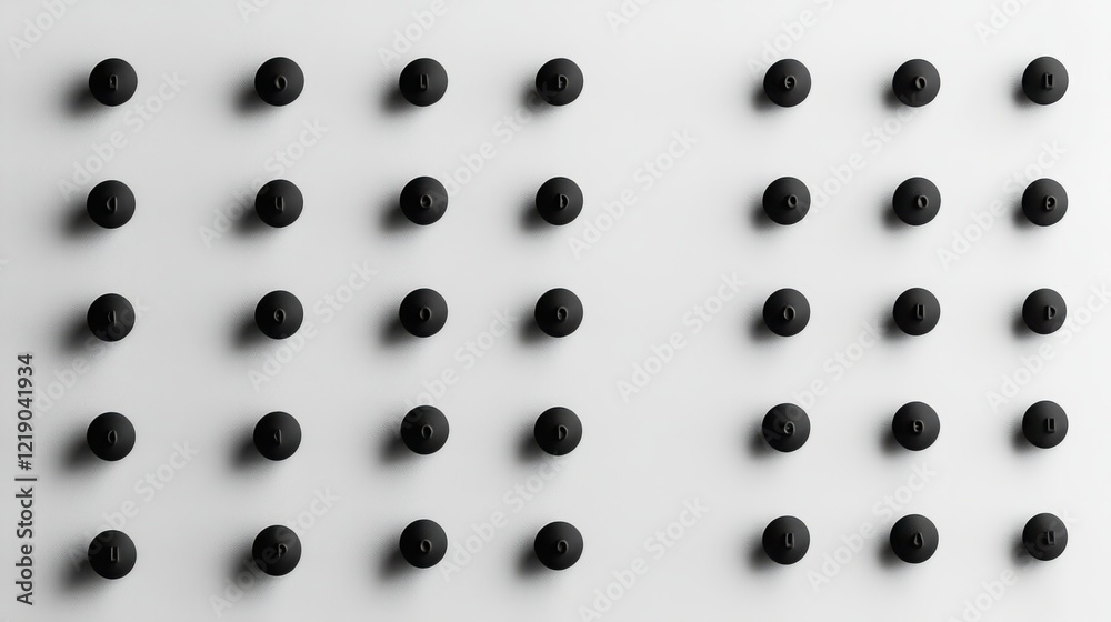 Abstract arrangement of black circular objects on a white surface creating a minimalist design Abstract arrangement of black circular objects on a white surface creating a minimalist design