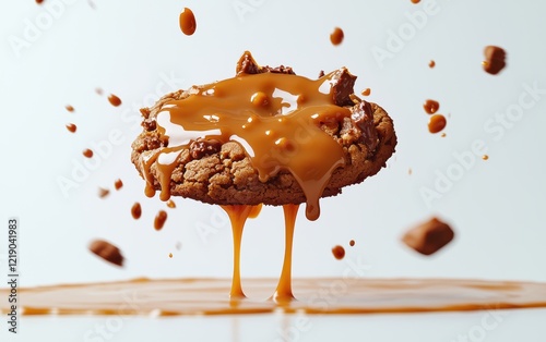 A caramel-filled cookie flying mid-air with oozing caramel splashes on a clean white backdrop.