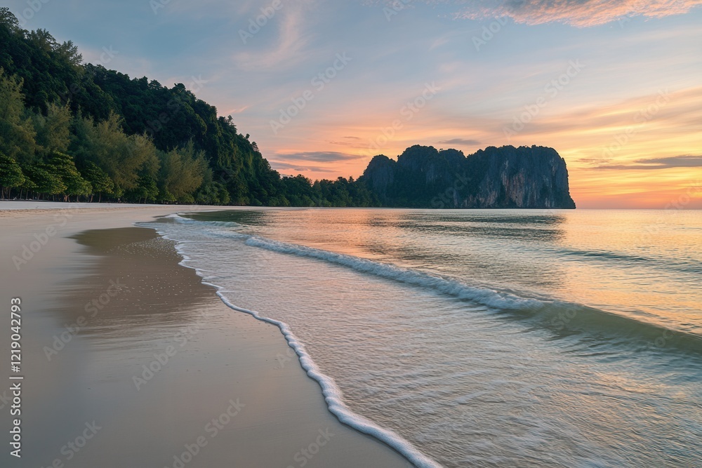 Fototapeta premium Serene Sunset over Tropical Beach and Dramatic Cliffs