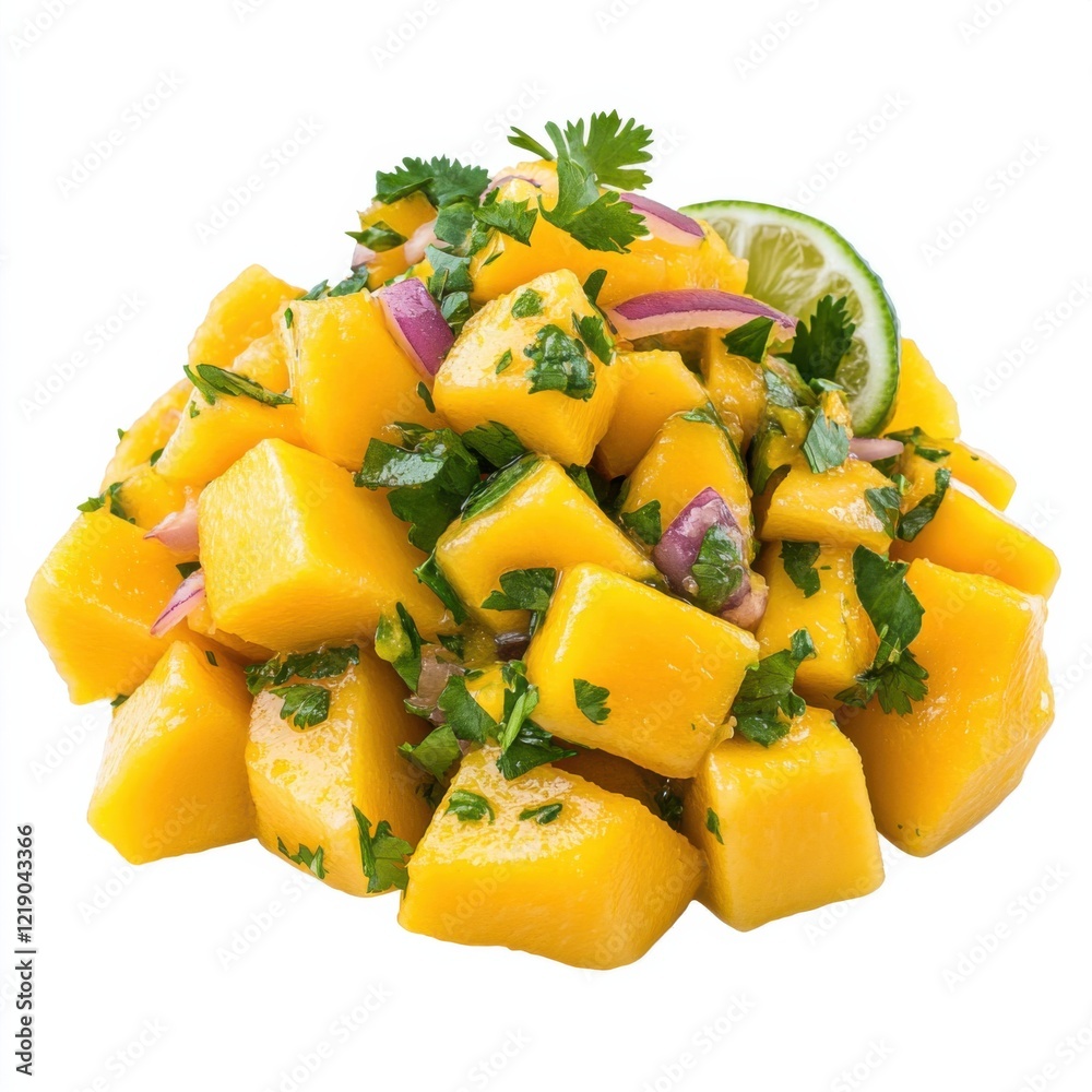 A fresh mango salsa with cilantro and lime, isolated white background, minimalist art style A fresh mango salsa with cilantro and lime, isolated white background, minimalist art style