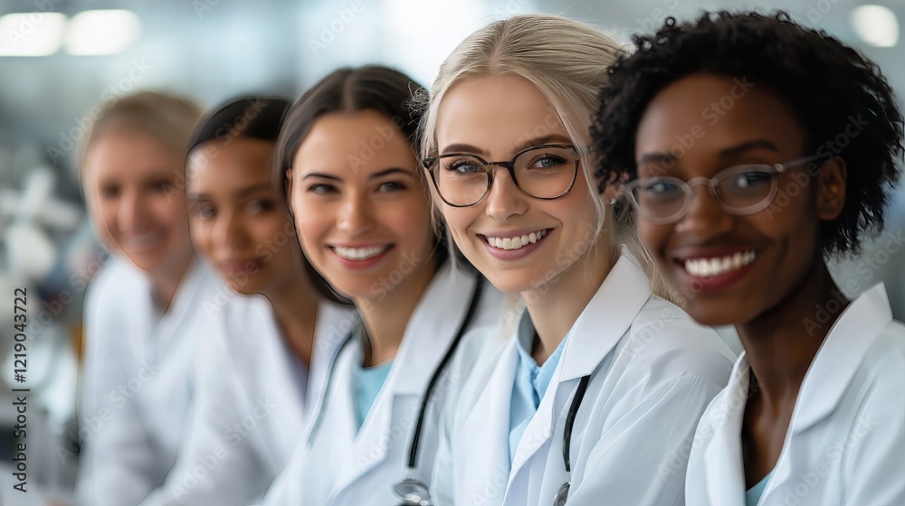 A group of diverse women in white lab coats smiling, representing various roles in science and motherhood, with bright natural lighting A group of diverse women in white lab coats smiling, representing various roles in science and motherhood, with bright natural lighting