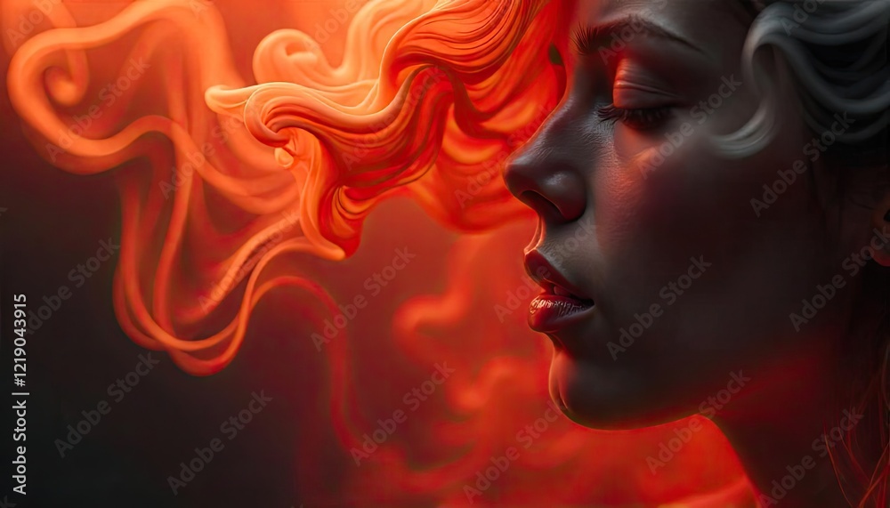 Fototapeta premium Expressive Portrait Capturing Introspective Emotion with Flowing Abstract Vibrant Essence Illuminates Inner Serenity and Depth