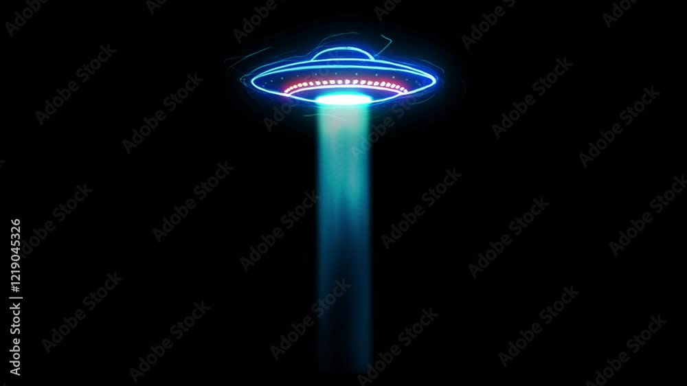 Neon glowing ufo sauser with light beam. Animation in stroke line hand drawn doodle scribble style on a transparent background	