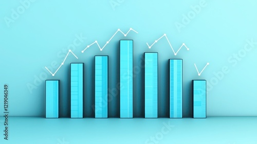 Marketing research reveals consumer behavior trends. Bar graph with rising trend line against a blue background. photo