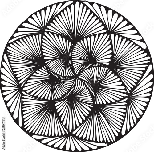 Black and white circular floral pattern. Monochrome texture composed of irregular graphic elements. Abstract vector illustration.