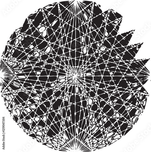 Circular black and white pattern. Polygon texture composed of irregular geometric elements. Distressed uneven grunge background. Abstract vector illustration. 
