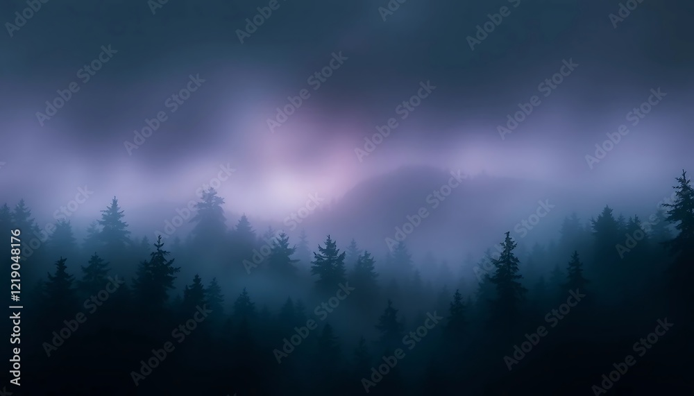 An abstract forest scene with silhouettes of dark trees fading into layers of misty gradients in teal, purple, and gray, lit by a faint glowing light source An abstract forest scene with silhouettes of dark trees fading into layers of misty gradients in teal, purple, and gray, lit by a faint glowing light source