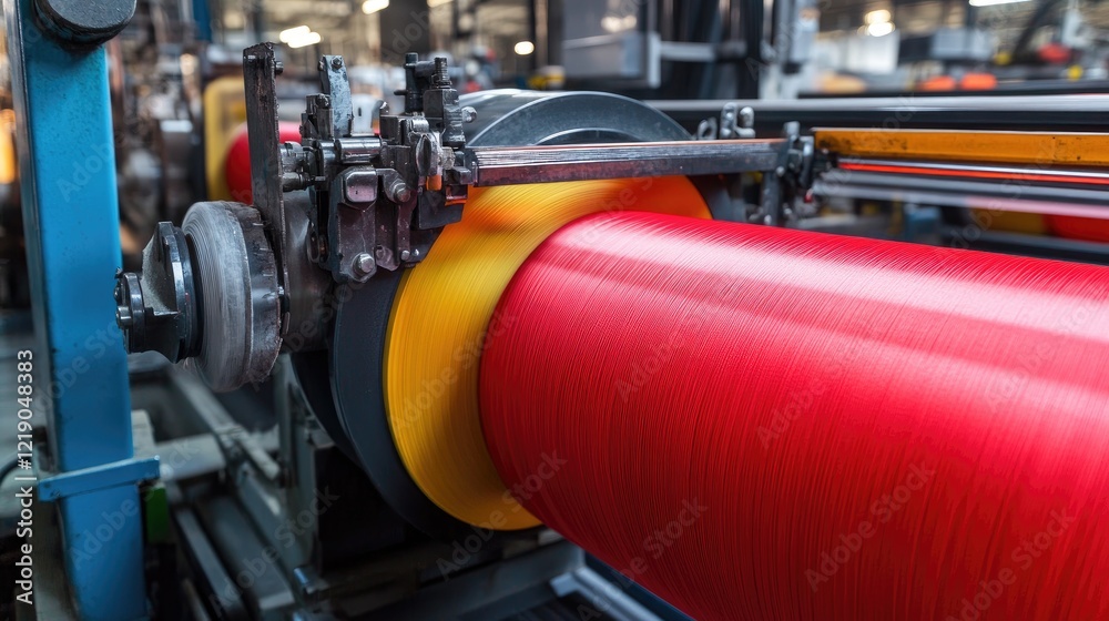 Industrial loom weaving fine patterns in a textile factory. Industrial loom weaving fine patterns in a textile factory.