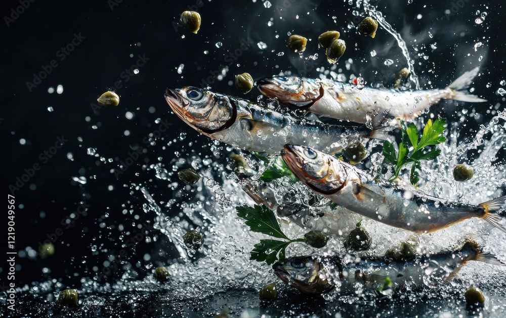 Fototapeta premium A cluster of mackerel pieces with capers and brine splashes in the air.