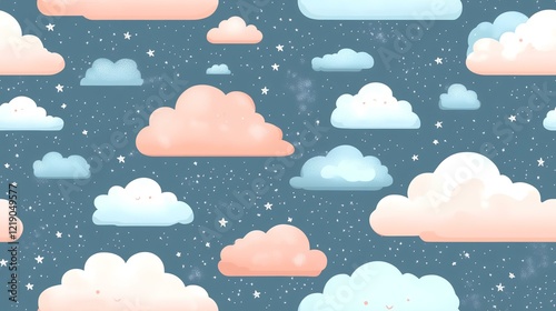 Cute pastel clouds and stars night sky pattern, ideal for children's products or dreamy backgrounds