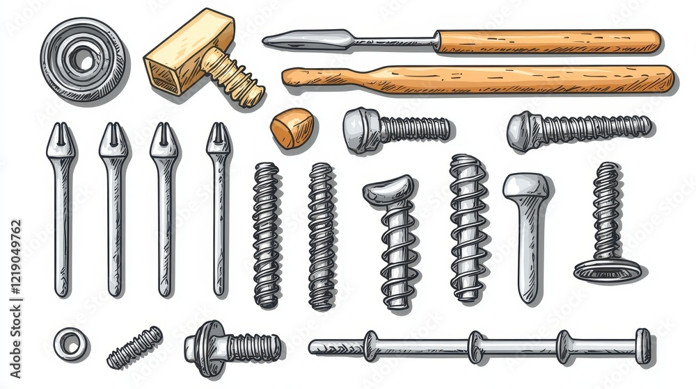 Fototapeta premium A set of construction nails, screws, and bolts on a white isolated background