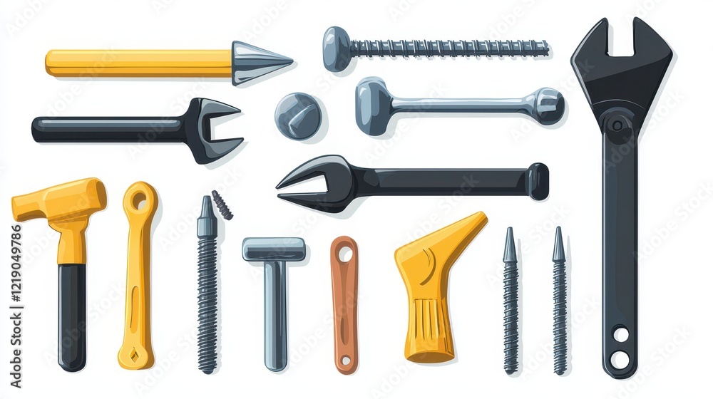 A set of construction nails, screws, and bolts on a white isolated background A set of construction nails, screws, and bolts on a white isolated background
