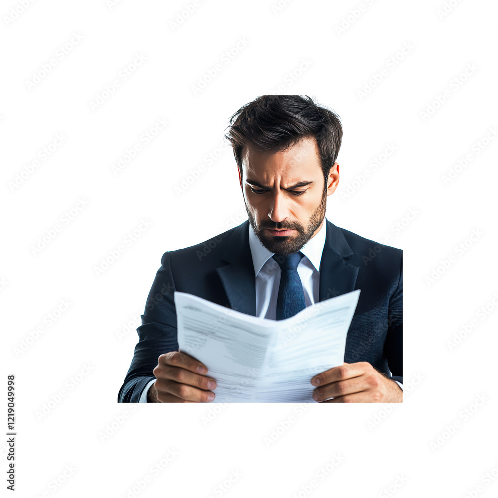 Focused Businessman Reviewing Important Documents with Concern Focused Businessman Reviewing Important Documents with Concern