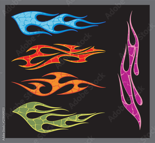 Vector colorful textured flames for vehicle vinyl decals and wraps. Ready-to-cut graphics for racing cars, off-road and sport vehicles, hot rod automobiles, ATVs, trucks, motors, bikes, T-shirts.