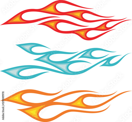 Vector colorful textured flames for vehicle vinyl decals and wraps. Ready-to-cut graphics for racing cars, off-road and sport vehicles, hot rod automobiles, ATVs, trucks, motors, bikes, T-shirts.