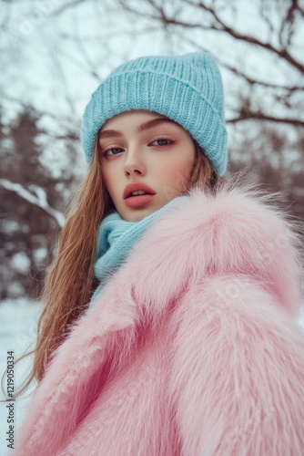 Woman in pink coat and blue hat