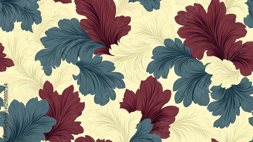 Elegant floral pattern design, cream background, maroon and teal leaves, textile print