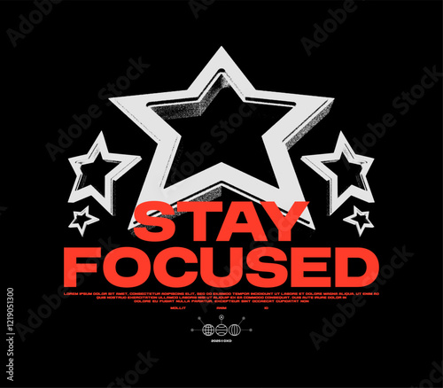 Streetwear print with 3D star and text. Street 3D grunge print for t-shirt, hoodie and sweatshirt. Silkscreen printing. Isolated on black background