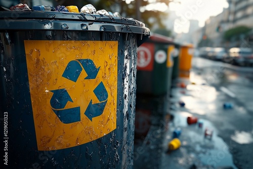 Recycling bins lined up on a rainy city street, showcasing vibrant colors and a focus on environmental responsibility. Generative AI photo