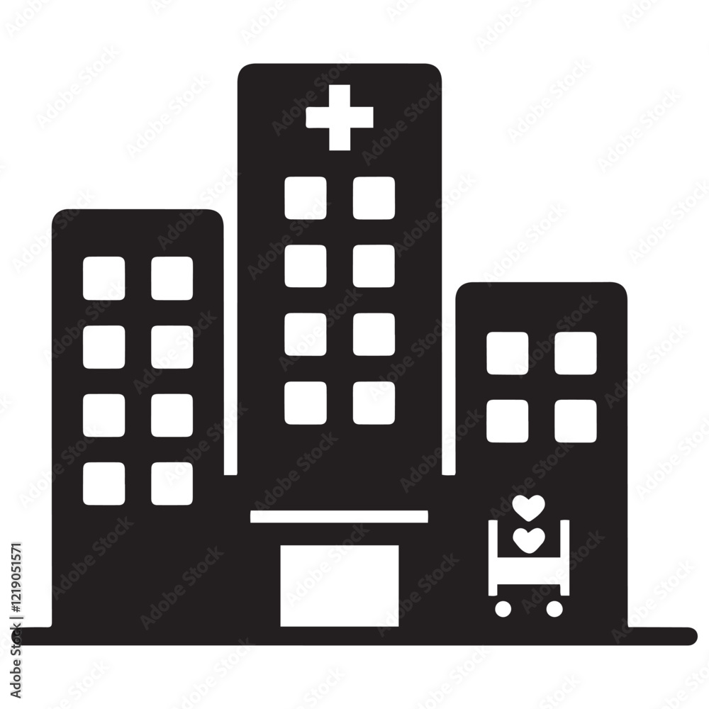 Hospital building silhouette vector, Hospital icon symbol, hospital vector illustration Hospital building silhouette vector, Hospital icon symbol, hospital vector illustration