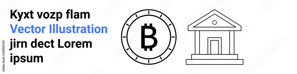 Bitcoin symbol in circular outline with adjacent bank building. Ideal for themes cryptocurrency, digital currency, financial technology, blockchain, banking, fintech, investment. Landing page Bitcoin symbol in circular outline with adjacent bank building. Ideal for themes cryptocurrency, digital currency, financial technology, blockchain, banking, fintech, investment. Landing page