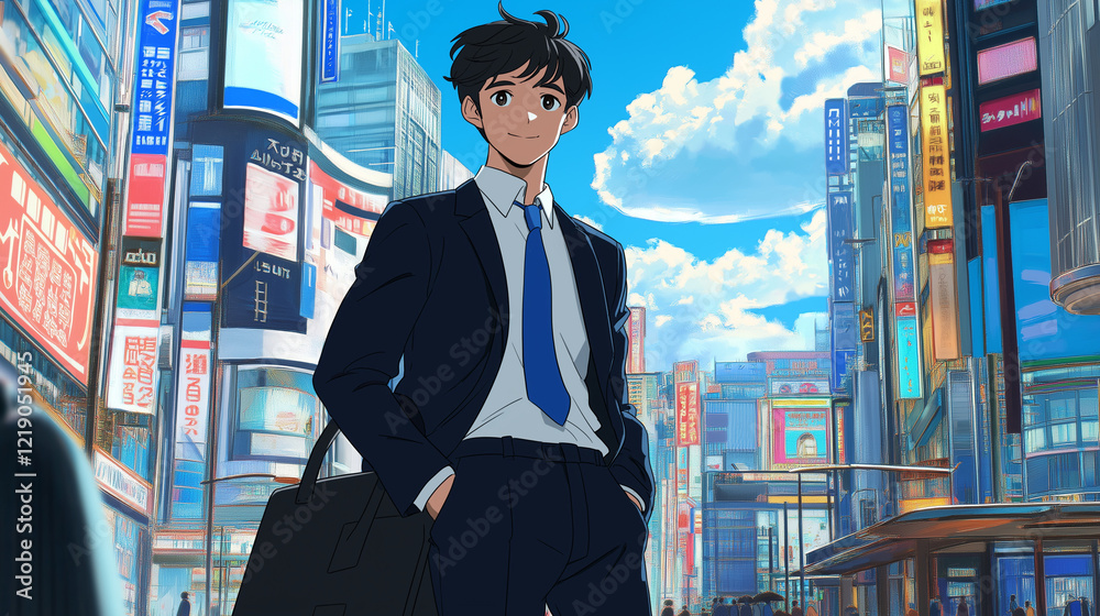 Fototapeta premium Young professional man in a navy-blue suit standing confidently on a vibrant neon-lit city street under a bright sky. Energetic urban scene blending modern design and nostalgic 1980s Japan-inspired ae