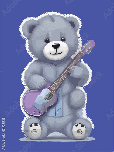 Sticker of cute baby teddy bear with a little guitar