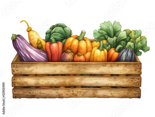 Vibrant Illustration of Colorful Autumn Harvest Vegetables, Fresh Seasonal Produce in Wooden Crate, Perfect for Fall Recipes and Home Cooking, Isolated on Transparent Background, Ai Generated Images photo