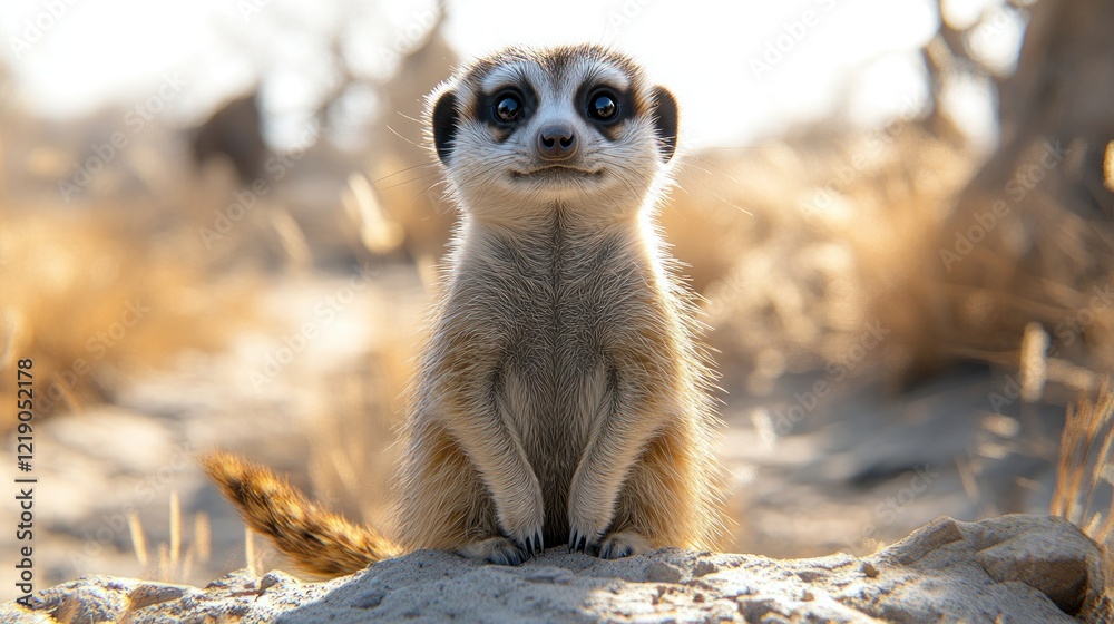 Fototapeta premium Curious meerkat standing on rock in dry grassland