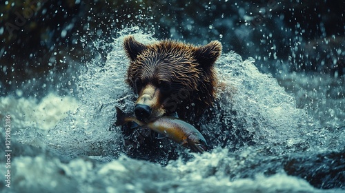 A dynamic shot of a grizzly bear catching a salmon in a rushing river