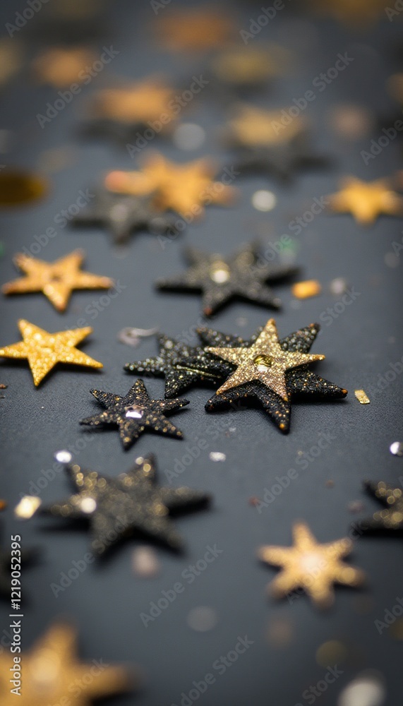 A dazzling array of glittering stars in gold and black hues twinkle against a deep, dark backdrop, creating a magical and festive atmosphere. This enchanting scene captures the essence of celebration A dazzling array of glittering stars in gold and black hues twinkle against a deep, dark backdrop, creating a magical and festive atmosphere. This enchanting scene captures the essence of celebration