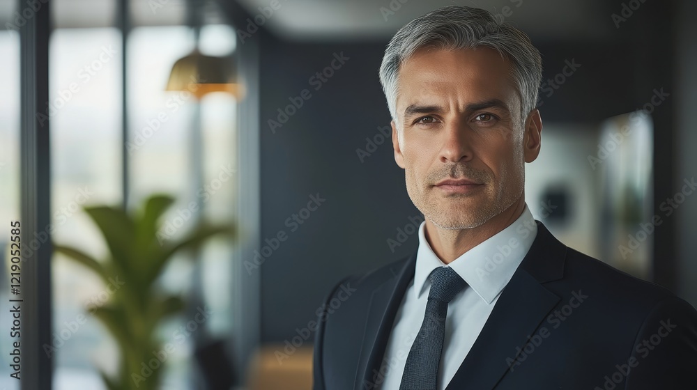 Obraz premium Confident Middle-aged Male Lawyer in Formal Suit with Office Background
