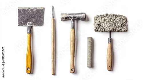 A collection of masonry tools, including a trowel, hammer, and grout on a white isolated background