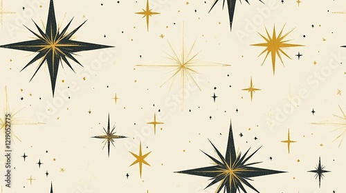 Gold and black starburst pattern; celestial background; ideal for fabric, wrapping paper, or digital design
