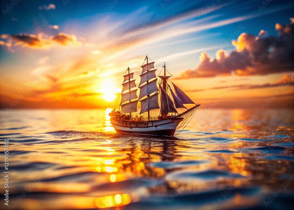 Fototapeta premium Miniature Sailing Ship at Sunset, Idyllic Seascape, Tilt-Shift Photography