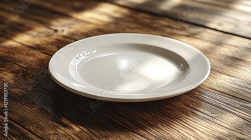 Empty white plate on rustic wooden table in sunlight.