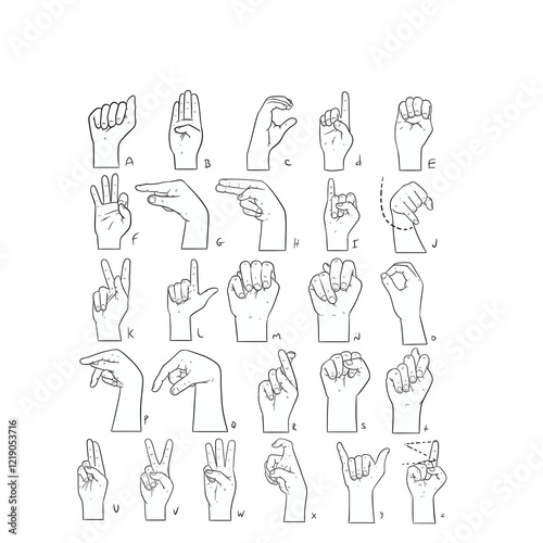ASL alphabet in black and white linework handrawn