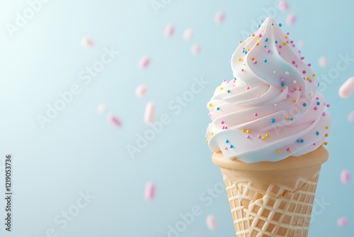 A waffle cone is filled with a delightful swirl of soft-serve ice cream in pastel pink, blue, and yellow. Colorful sprinkles add a cheerful touch against a soft pastel background